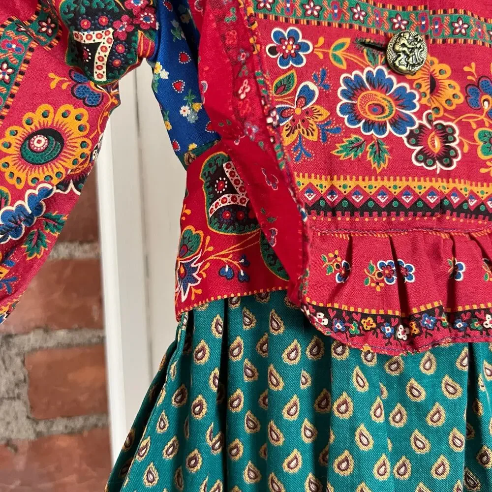 Vintage 70s Girls Prairie Dress Patchwork Floral‎ Cottagecore Folk Red Green 3T